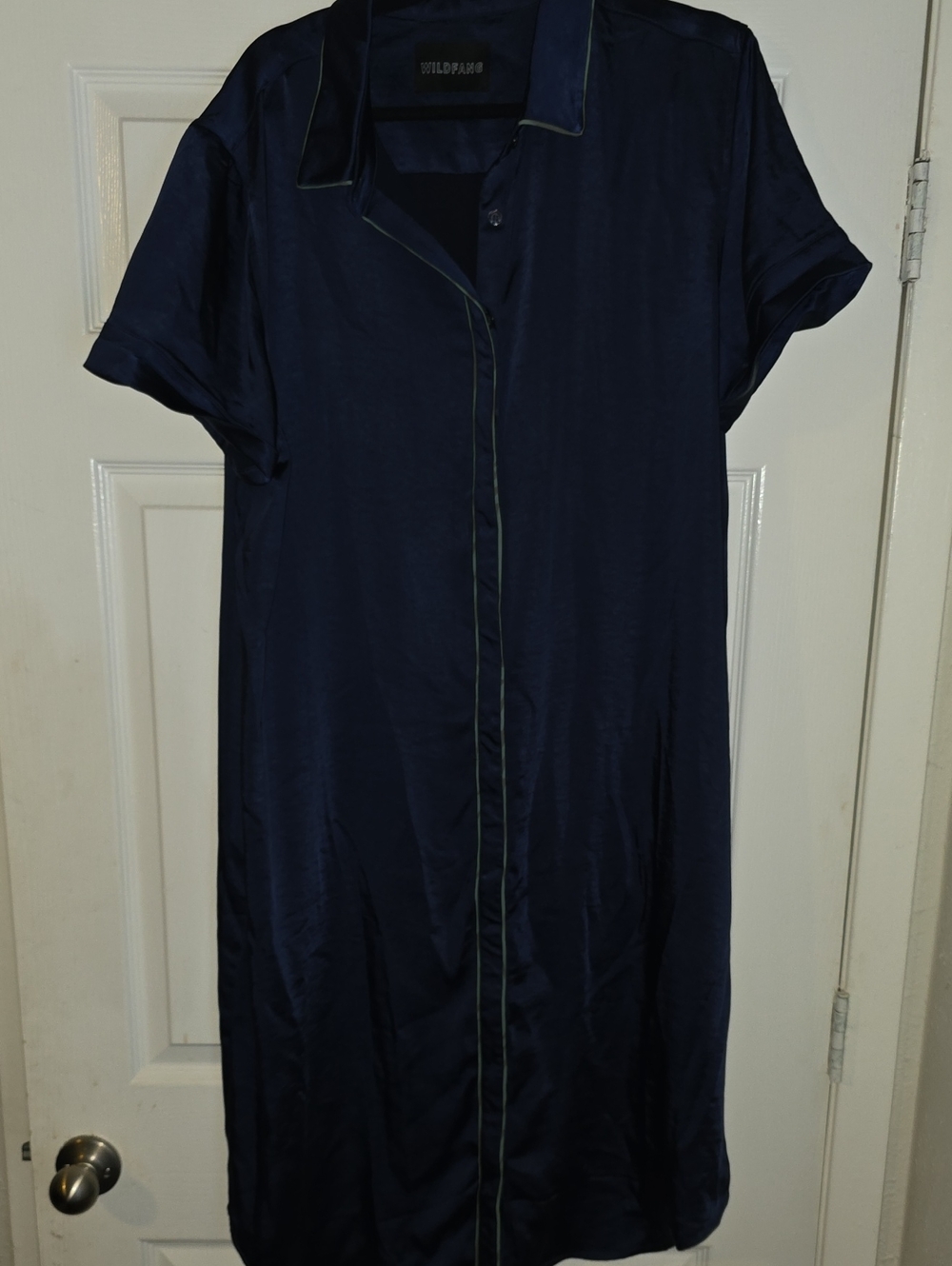 Wildfang Navy Satin Midi Shirt Dress with Contrast Piping